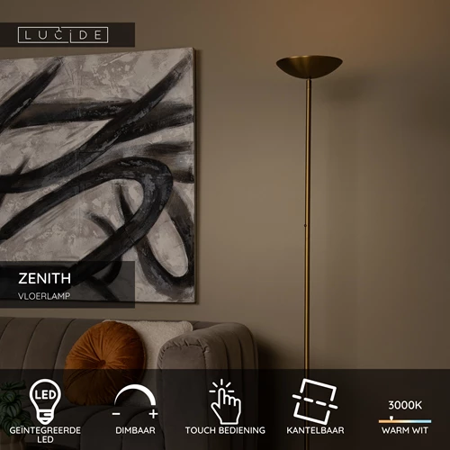 Lucide ZENITH - Vloerlamp - Ø 25,4 cm - LED Dimb. - 1x20W 3000K - Mat Goud / Messing - USP